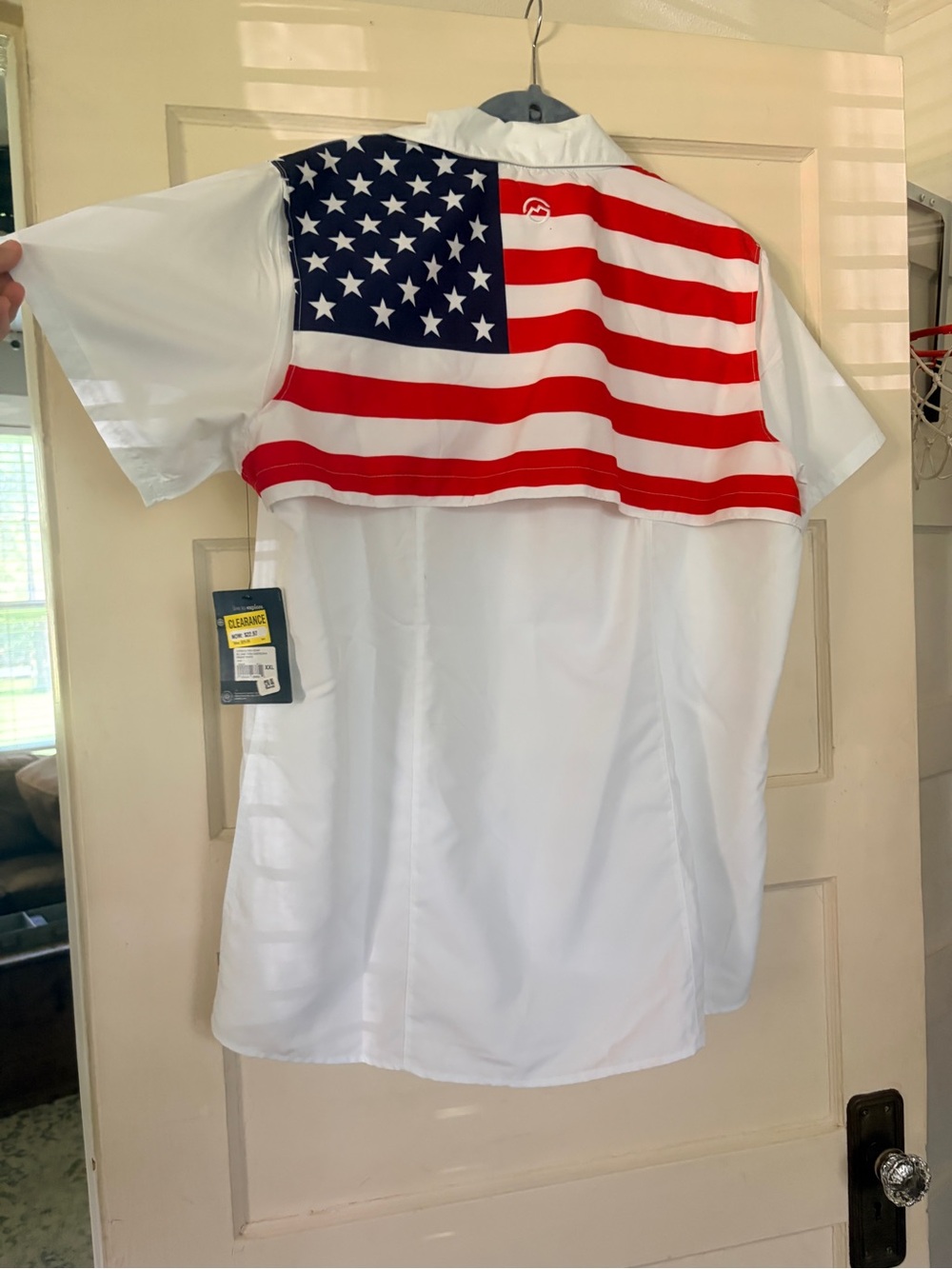 Magellan Outdoors White Short-Sleeve Polo with Red, White & Blue Flag Back